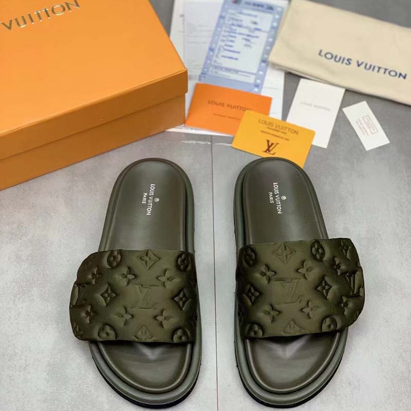 Louis Vuitton LV Unisex Pool Pillow Flat Comfort Mule Khaki Green Monogram