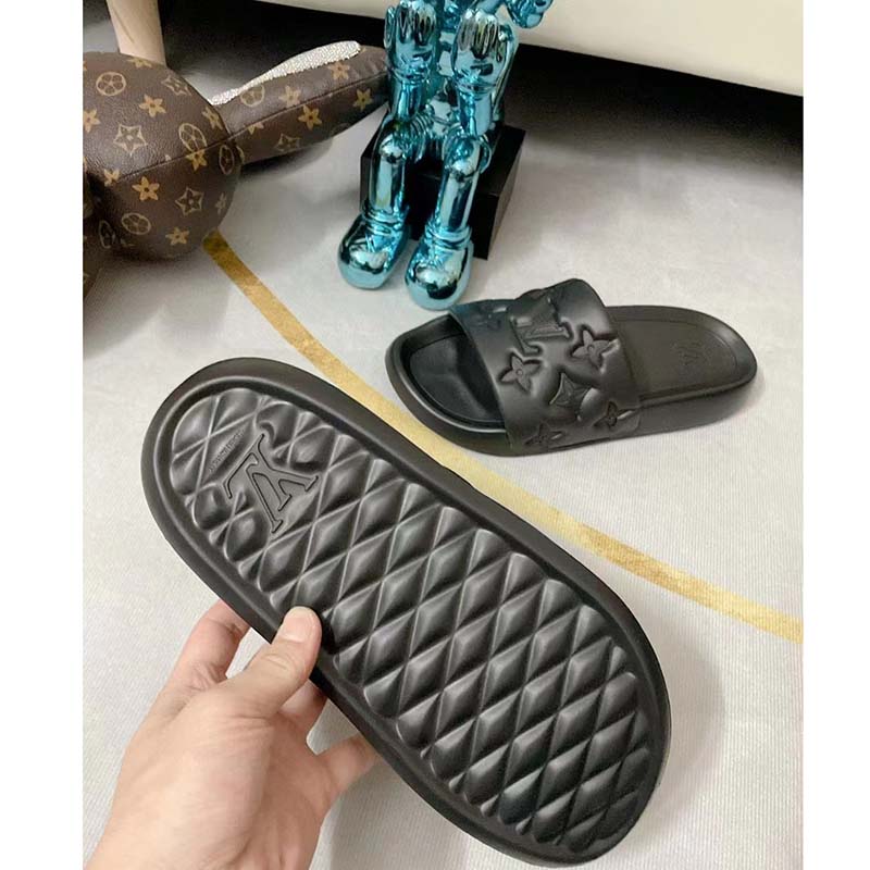 Louis Vuitton LV Unisex Waterfront Mule Black Monogram Embossed Rubber Waterproof
