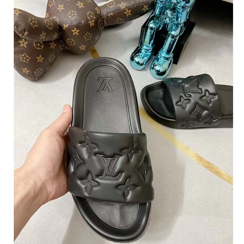 Louis Vuitton LV Unisex Waterfront Mule Black Monogram Embossed Rubber Waterproof