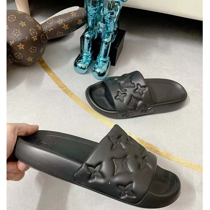 Louis Vuitton LV Unisex Waterfront Mule Black Monogram Embossed Rubber Waterproof