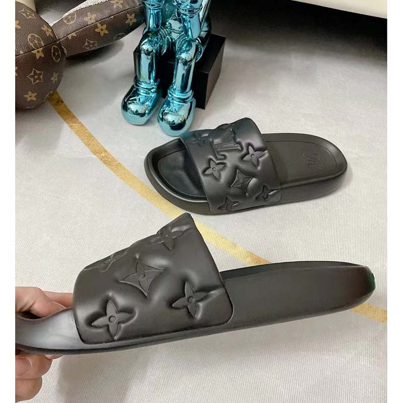 Louis Vuitton LV Unisex Waterfront Mule Black Monogram Embossed Rubber Waterproof