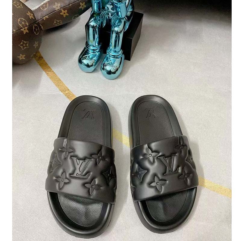 Louis Vuitton LV Unisex Waterfront Mule Black Monogram Embossed Rubber Waterproof