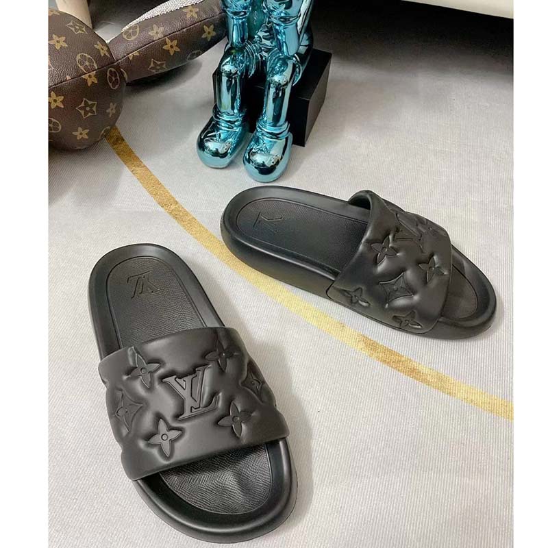 Louis Vuitton LV Unisex Waterfront Mule Black Monogram Embossed Rubber Waterproof
