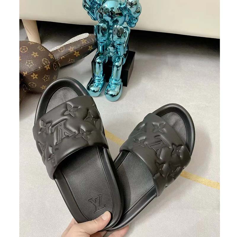 Louis Vuitton LV Unisex Waterfront Mule Black Monogram Embossed Rubber Waterproof