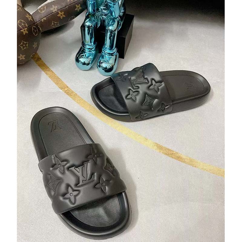 Louis Vuitton LV Unisex Waterfront Mule Black Monogram Embossed Rubber Waterproof