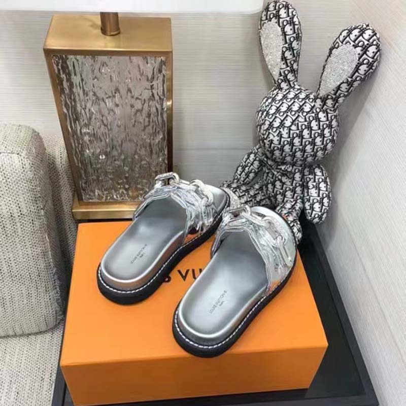Louis Vuitton Women Sunset Flat Comfort Mule Silver Monogram Embossed Metallic Calf
