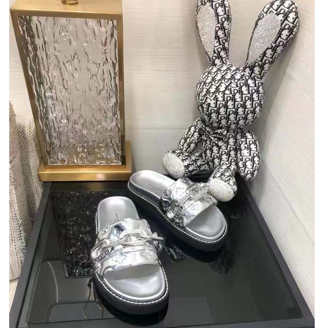 Louis Vuitton Women Sunset Flat Comfort Mule Silver Monogram Embossed Metallic Calf