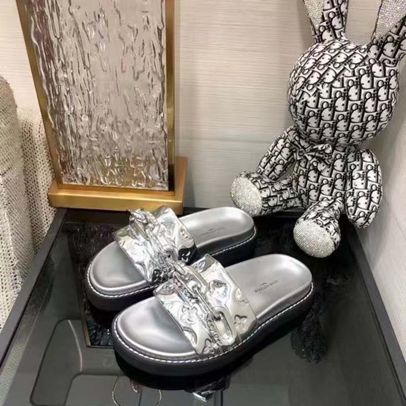 Louis Vuitton Women Sunset Flat Comfort Mule Silver Monogram Embossed Metallic Calf