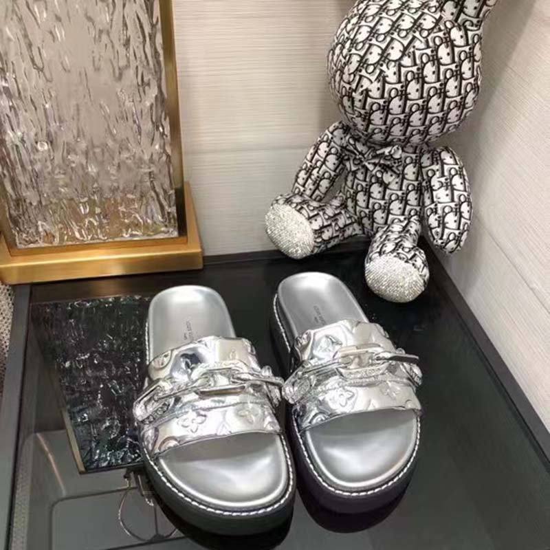 Louis Vuitton Women Sunset Flat Comfort Mule Silver Monogram Embossed Metallic Calf