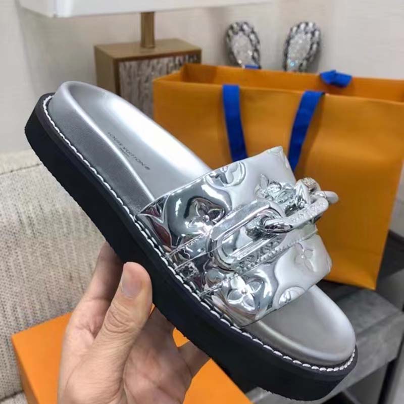 Louis Vuitton Women Sunset Flat Comfort Mule Silver Monogram Embossed Metallic Calf
