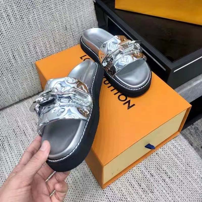 Louis Vuitton Women Sunset Flat Comfort Mule Silver Monogram Embossed Metallic Calf