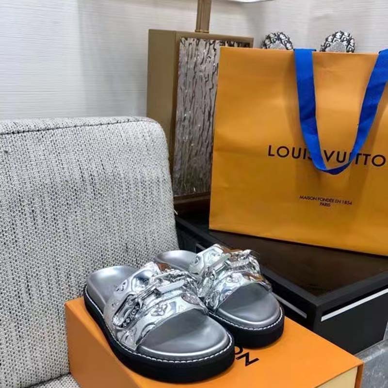 Louis Vuitton Women Sunset Flat Comfort Mule Silver Monogram Embossed Metallic Calf