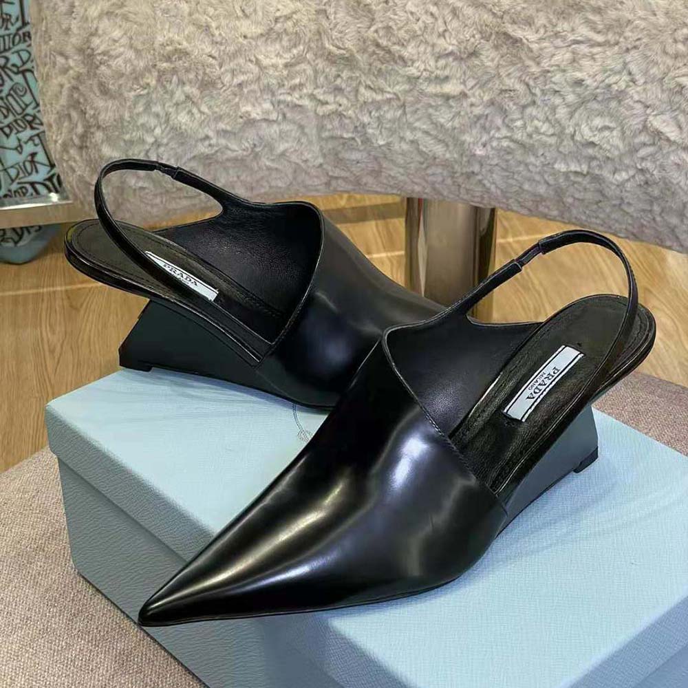 Prada Women Brushed Leather Slingback Pumps in 65mm Heel Height-Black