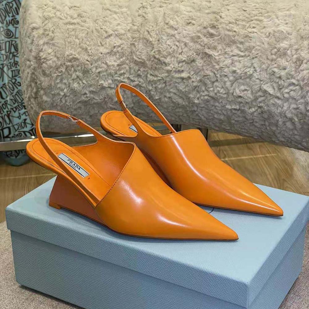 Prada Women Brushed Leather Slingback Pumps in 65mm Heel Height-Orange