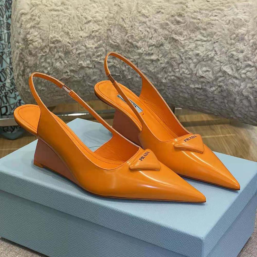 Prada Women Brushed Leather Slingback Pumps in 65mm Heel-Orange