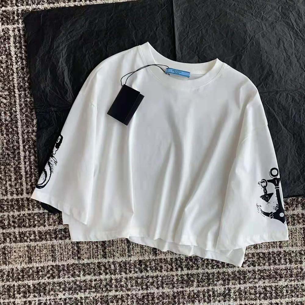 Prada Women Cropped Printed Jersey T-Shirt-White