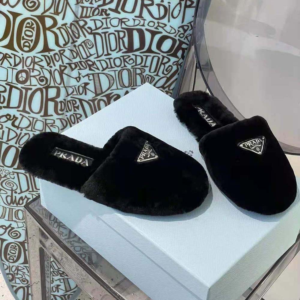 Prada Women Enameled Triangle Logo Accentuates Shearling Sabots