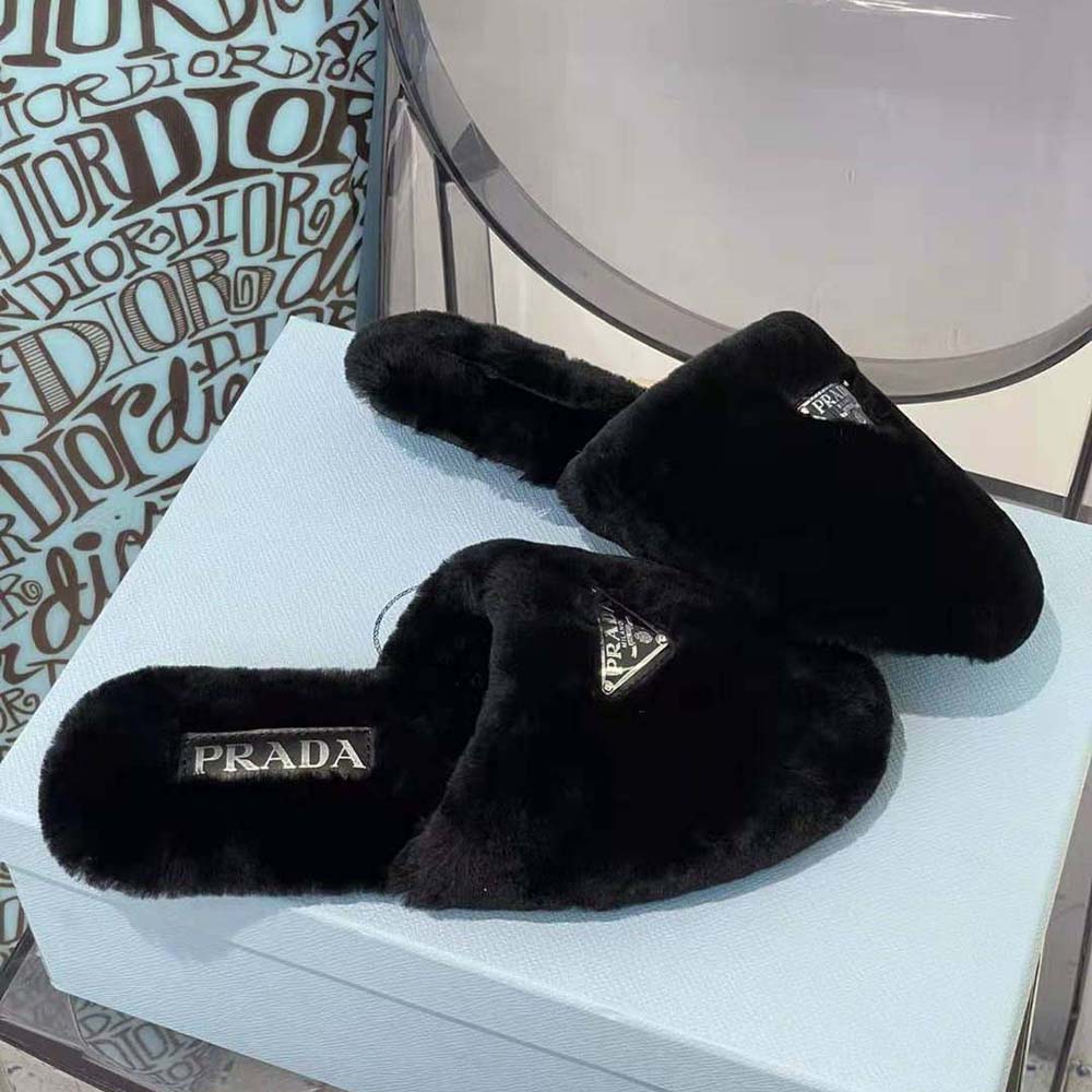 Prada Women Enameled Triangle Logo Accentuates Shearling Sabots