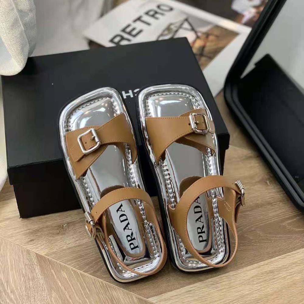 Prada Women Flat Rectangular Leather Sandals-Brown