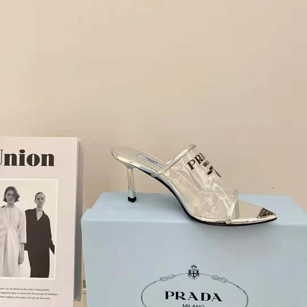 Prada Women Logo-print Plexiglas High-Heel Slides in 75mm Heel Height