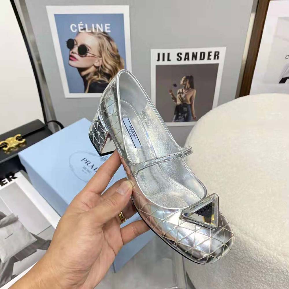 Prada Women Metallic Leather Pumps in 45mm Heel Height-Silver