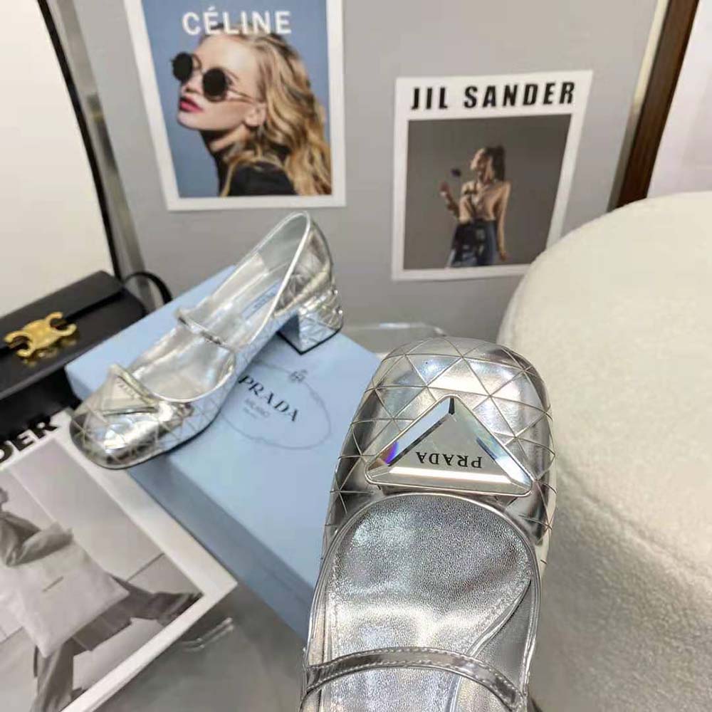 Prada Women Metallic Leather Pumps in 45mm Heel Height-Silver