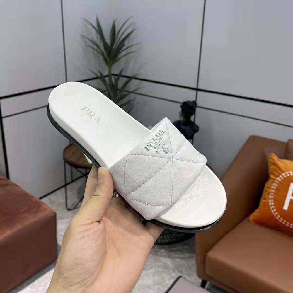 Prada Women Nappa Leather Slides in 20mm Heel-White
