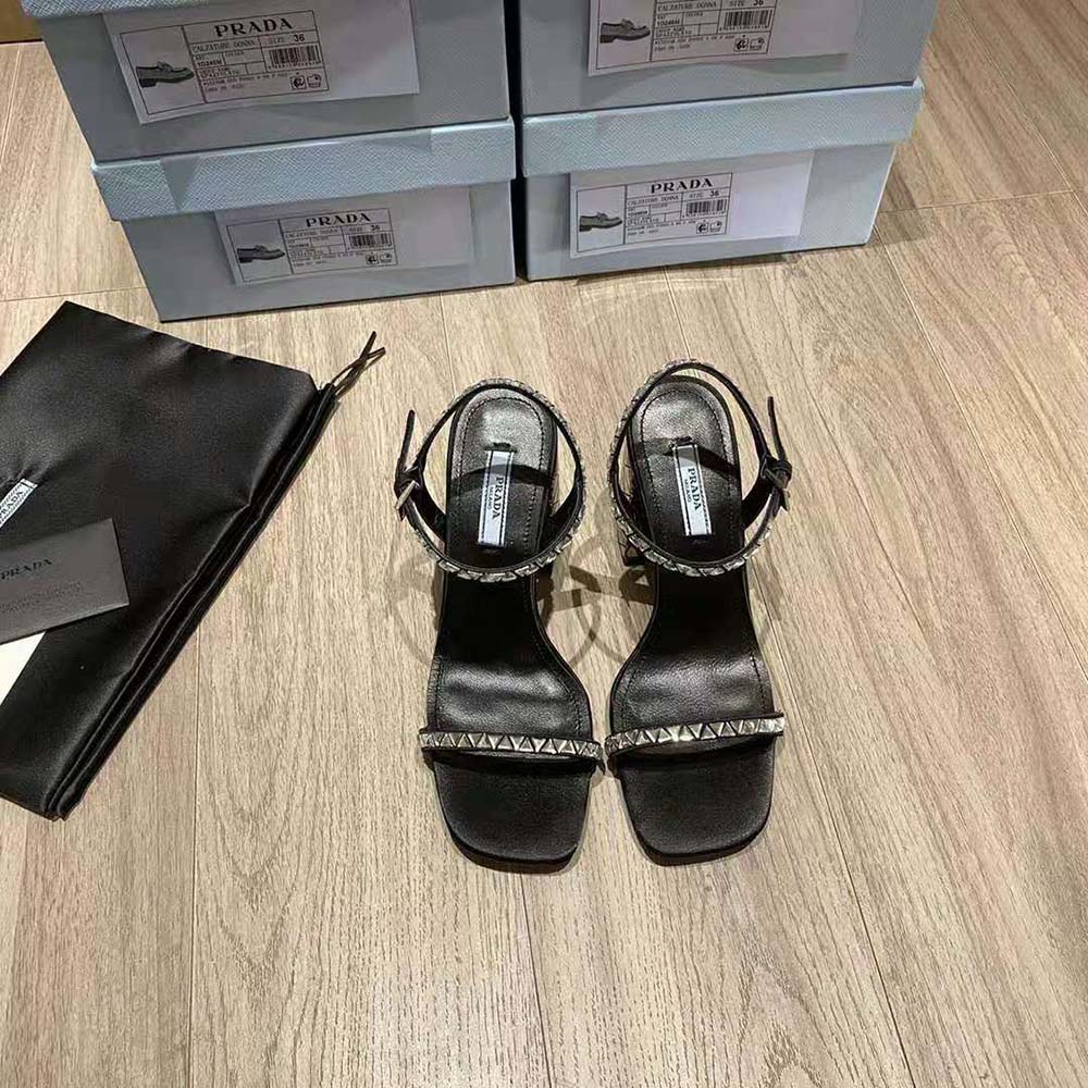 Prada Women Satin Sandals with Crystals in 90mm Heel Height-Black