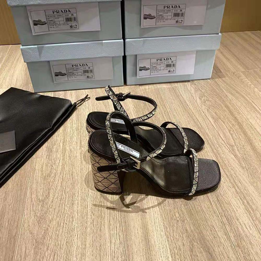 Prada Women Satin Sandals with Crystals in 90mm Heel Height-Black