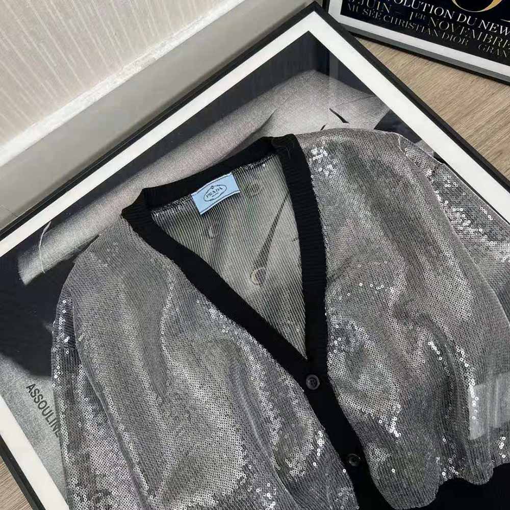 Prada Women Sequin-Embroidered Tulle Crop Top-Black