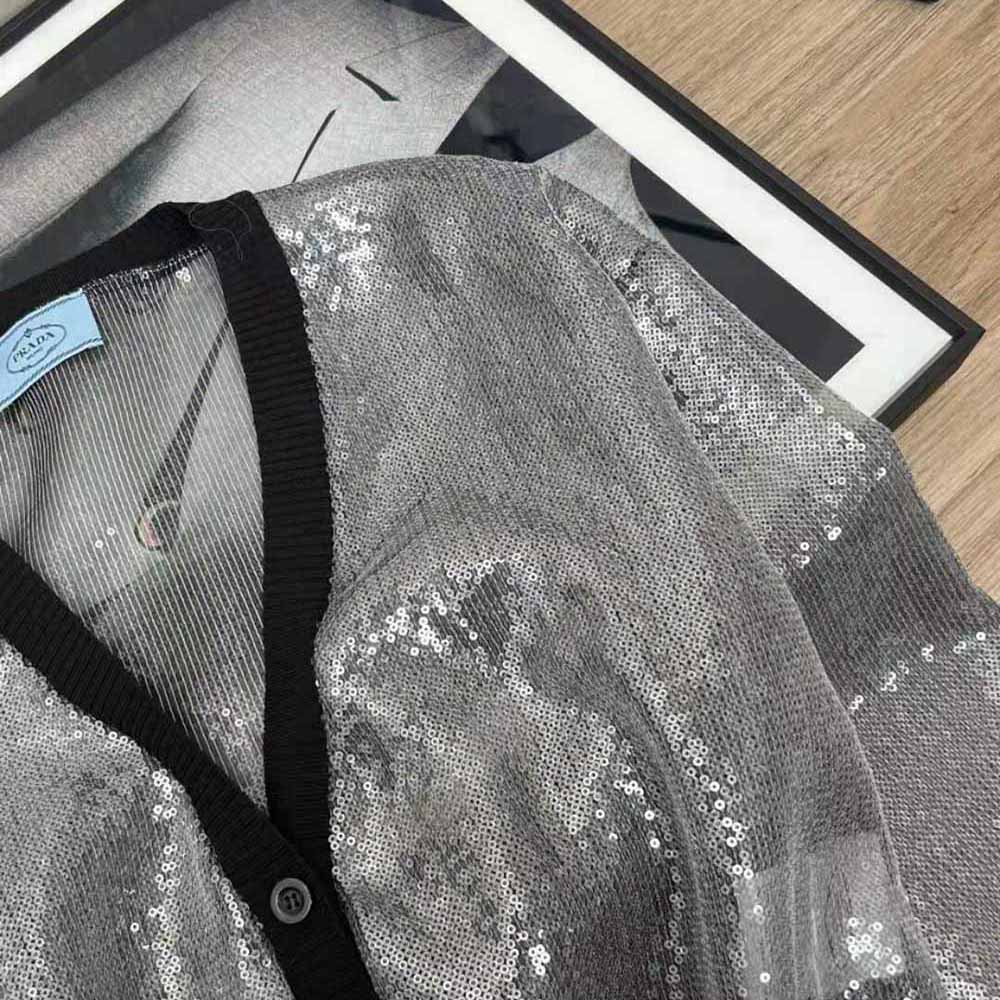 Prada Women Sequin-Embroidered Tulle Crop Top-Black