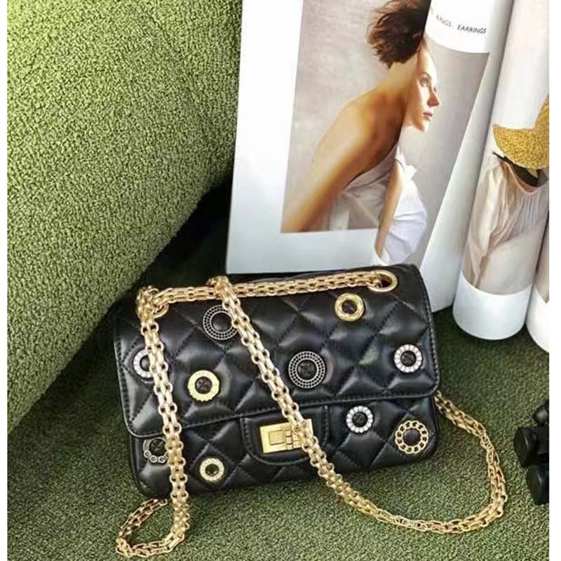 Chanel Women CC 2.55 Handbag Calfskin Strass Glass Pearls Gold Silver Tone Black