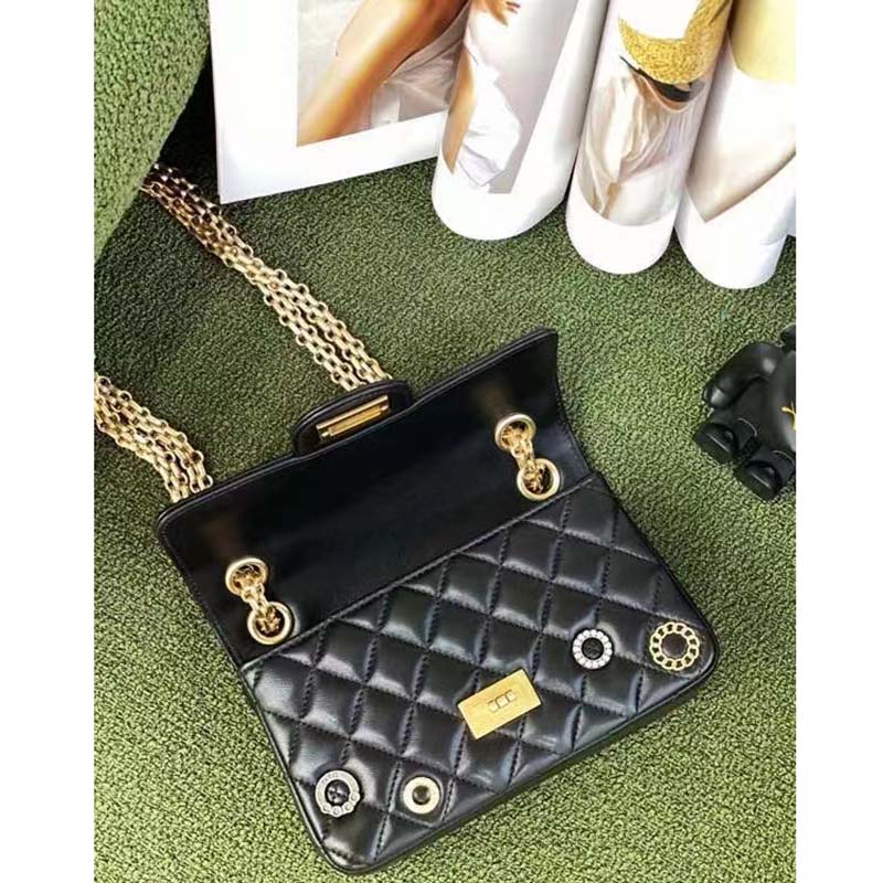 Chanel Women CC 2.55 Handbag Calfskin Strass Glass Pearls Gold Silver Tone Black