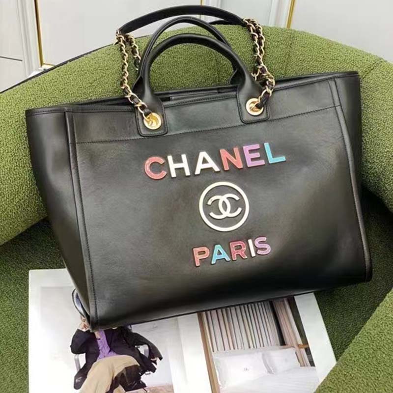 Chanel Women CC Large Shopping Bag Calfskin Aged Gold-Tone Metal Black