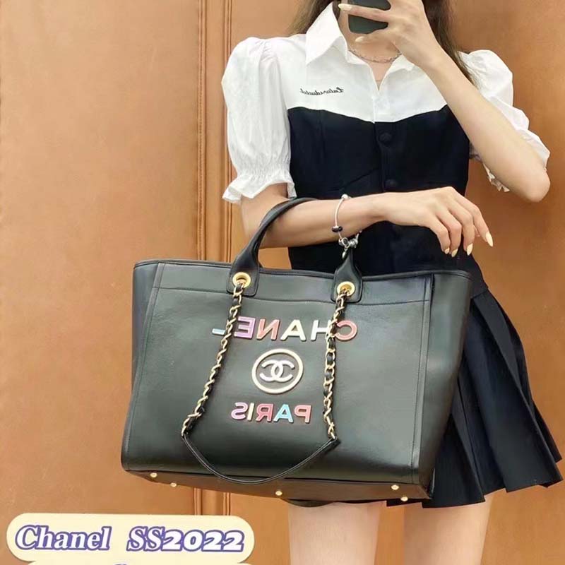 Chanel Women CC Large Shopping Bag Calfskin Aged Gold-Tone Metal Black