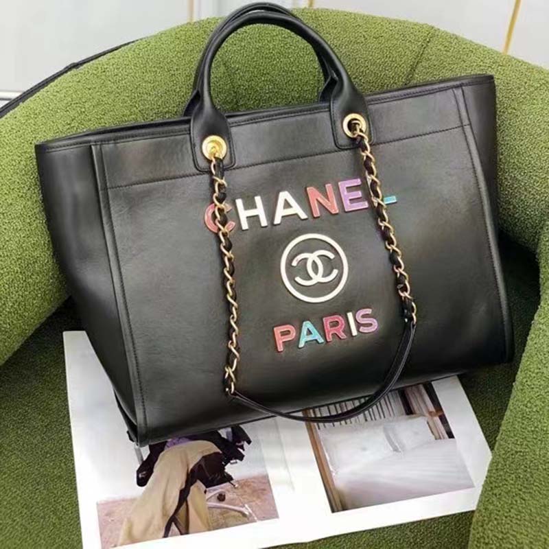 Chanel Women CC Large Shopping Bag Calfskin Aged Gold-Tone Metal Black