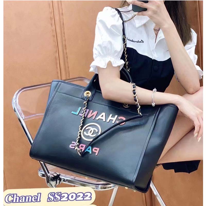 Chanel Women CC Large Shopping Bag Calfskin Aged Gold-Tone Metal Black
