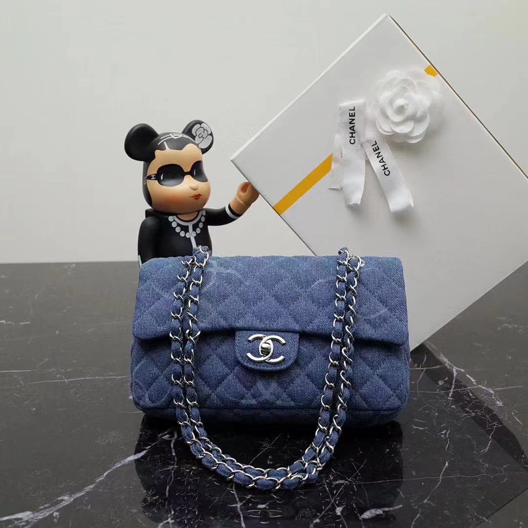 Chanel Women Small Flap Bag Printed Denim Gold-Tone Metal Blue