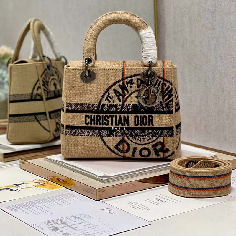 Dior Unisex CD Medium Lady D-Lite Bag Beige Jute Canvas Embroidered Dior Union Motif