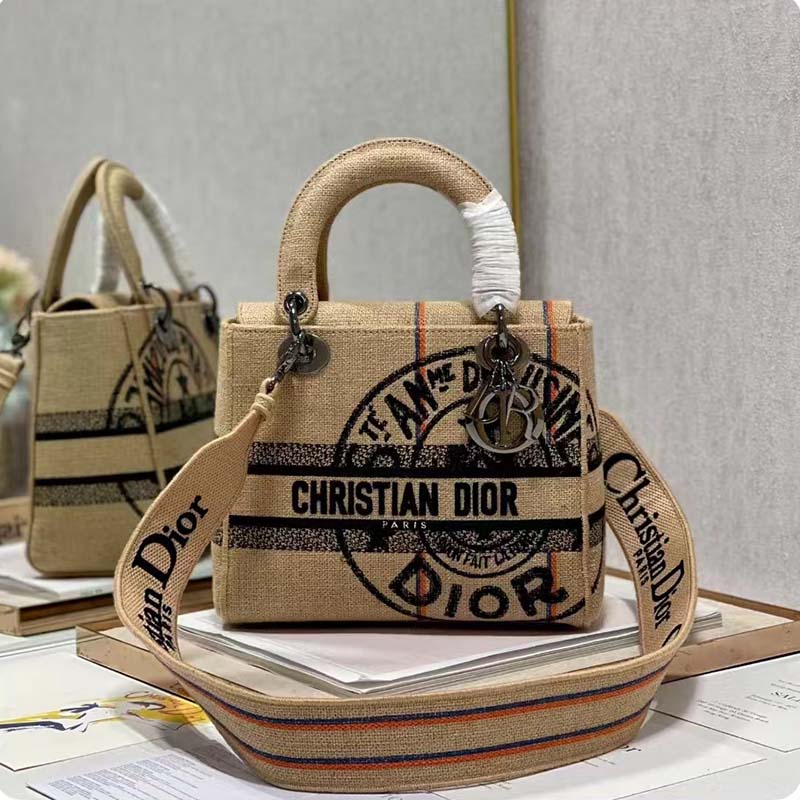 Dior Unisex CD Medium Lady D-Lite Bag Beige Jute Canvas Embroidered Dior Union Motif
