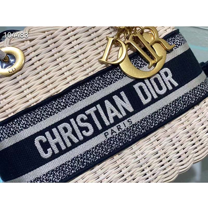 Dior Unisex CD Mini Lady Dior Bag Natural Wicker Blue Dior Oblique Jacquard