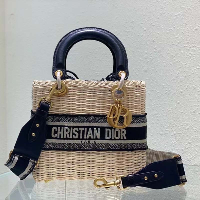 Dior Unisex CD Mini Lady Dior Bag Natural Wicker Blue Dior Oblique Jacquard