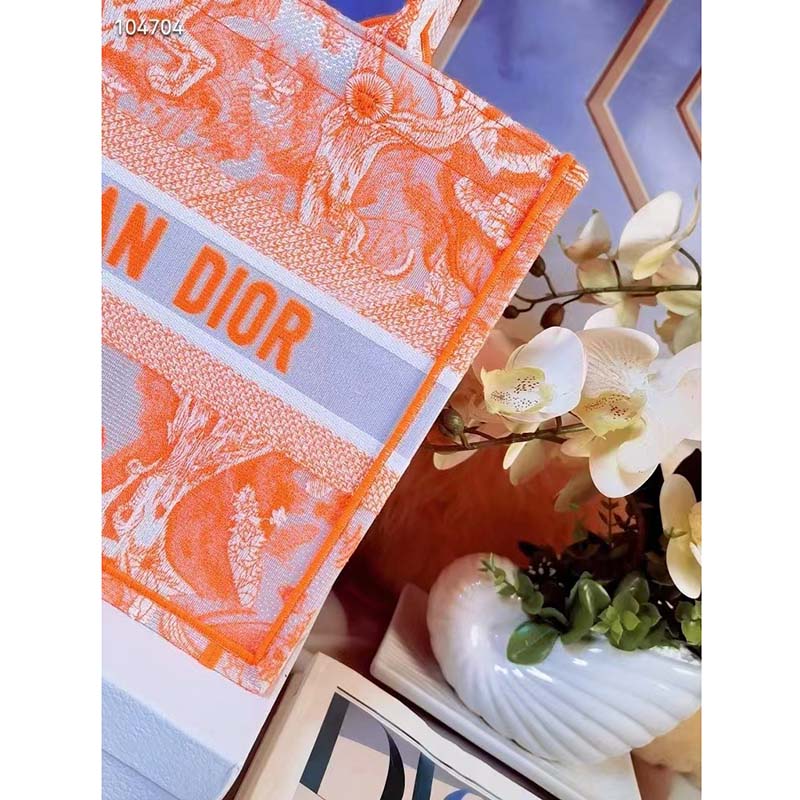 Dior Women CD Medium Book Tote Fluorescent Orange Toile De Jouy Reverse Embroidery