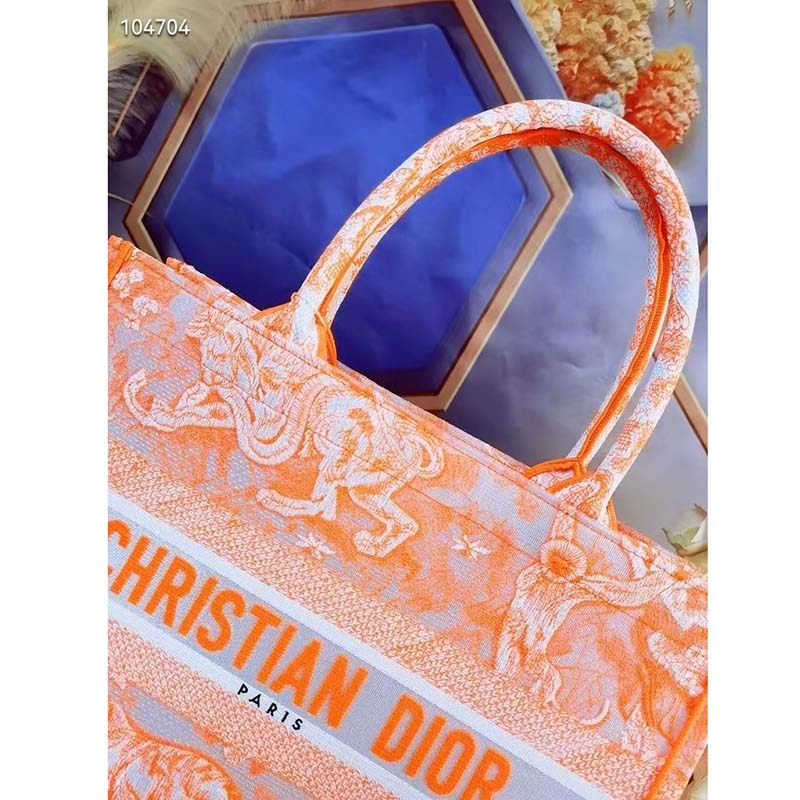 Dior Women CD Medium Book Tote Fluorescent Orange Toile De Jouy Reverse Embroidery