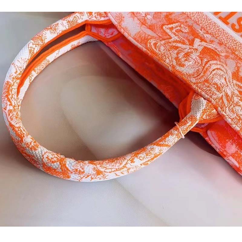 Dior Women CD Medium Book Tote Fluorescent Orange Toile De Jouy Reverse Embroidery