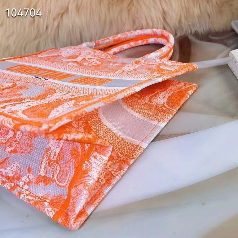 Dior Women CD Medium Book Tote Fluorescent Orange Toile De Jouy Reverse Embroidery
