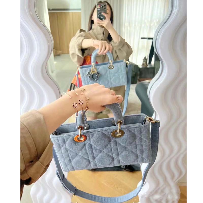 Dior Women Lady D-Joy Bag Blue Cannage Denim