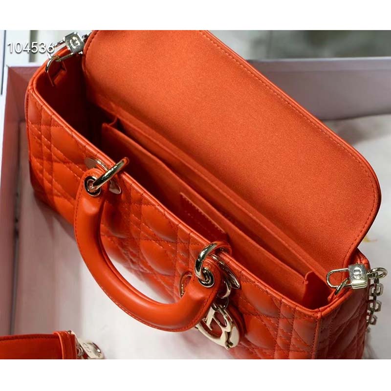 Dior Women Lady D-Joy Bag Bright Orange Cannage Lambskin