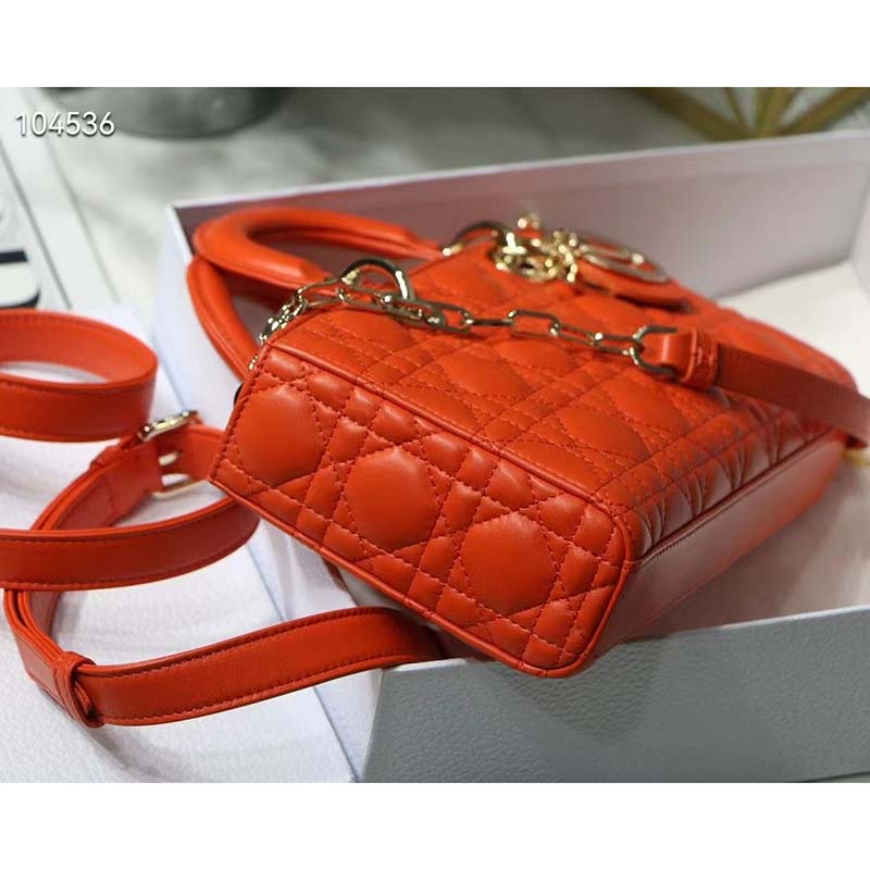 Dior Women Lady D-Joy Bag Bright Orange Cannage Lambskin
