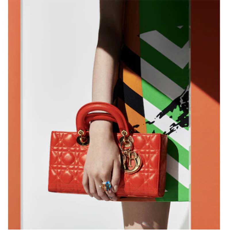 Dior Women Lady D-Joy Bag Bright Orange Cannage Lambskin